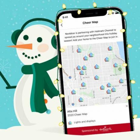 neste jubel kart promo med snømann holder en telefon med et kart