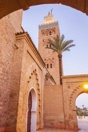 lav vinkel utsikt over koutoubia-moskeen i marrakesh, marokko