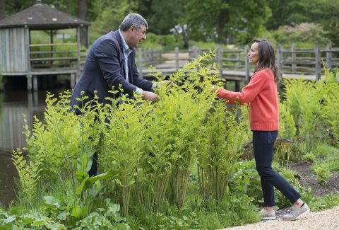 Philippa Craddock og John Anderson diskuterer blomsterdisplayet til bryllupet i Savill Garden