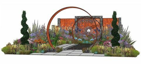 the sunburst garden, show garden, designet av charlie bloom og simon webster, rhs hampton court palace garden festival 2022