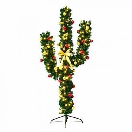 Goplus Pre-Lit Artificial Cactus Christmas Tree med LED-lys og kulepynt