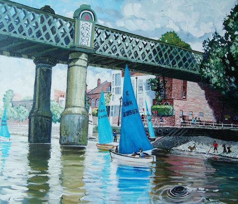 Sailing Club on the River, Putney av Nick Holly. Akryl på lerret, 50 x 76 cm. 3500 pund på The Russell Gallery på Affordable Art Fair Battersea