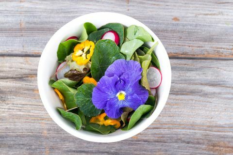 frisk blandet salat med reddikblomst og nasturtiumblader