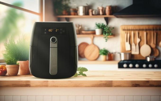 air fryer maskin matlaging potet stekt på kjøkkenet livsstil av ny normal matlaging