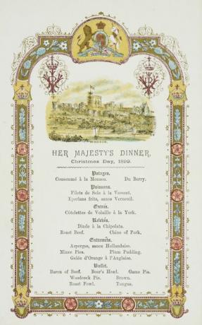Meny til dronning Victorias middag, juledag, 1899.