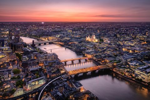 Aerial View of London Cityscape with Thems River at Twilight