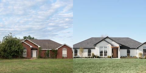 før og etter eksteriøret til hjemmet fra det var rød murstein og dekket av trær til det endelige hvite mursteinsutseendet med fjernet landskapsarbeid