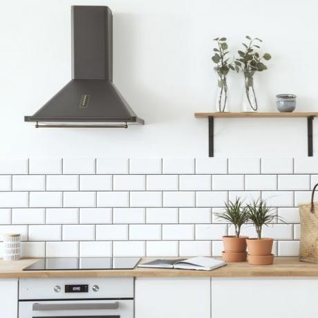 Moderne skandinavisk åpen plass med kjøkkenutstyr, planter, trehylle og halmpose. Design rom med hvite murvegger.